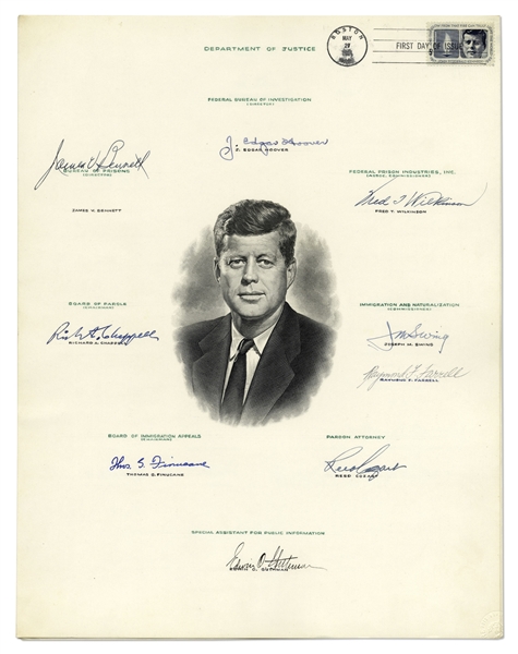 Robert Kennedy Signed Portrait of His Brother, President John F. Kennedy -- Also Signed by JFK's Justice Department